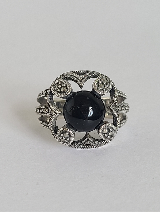 Vintage Jewelry - Vintage Boho Sterling Silver Black Onyx Floating Cabochon Marcasite Crystal Ring